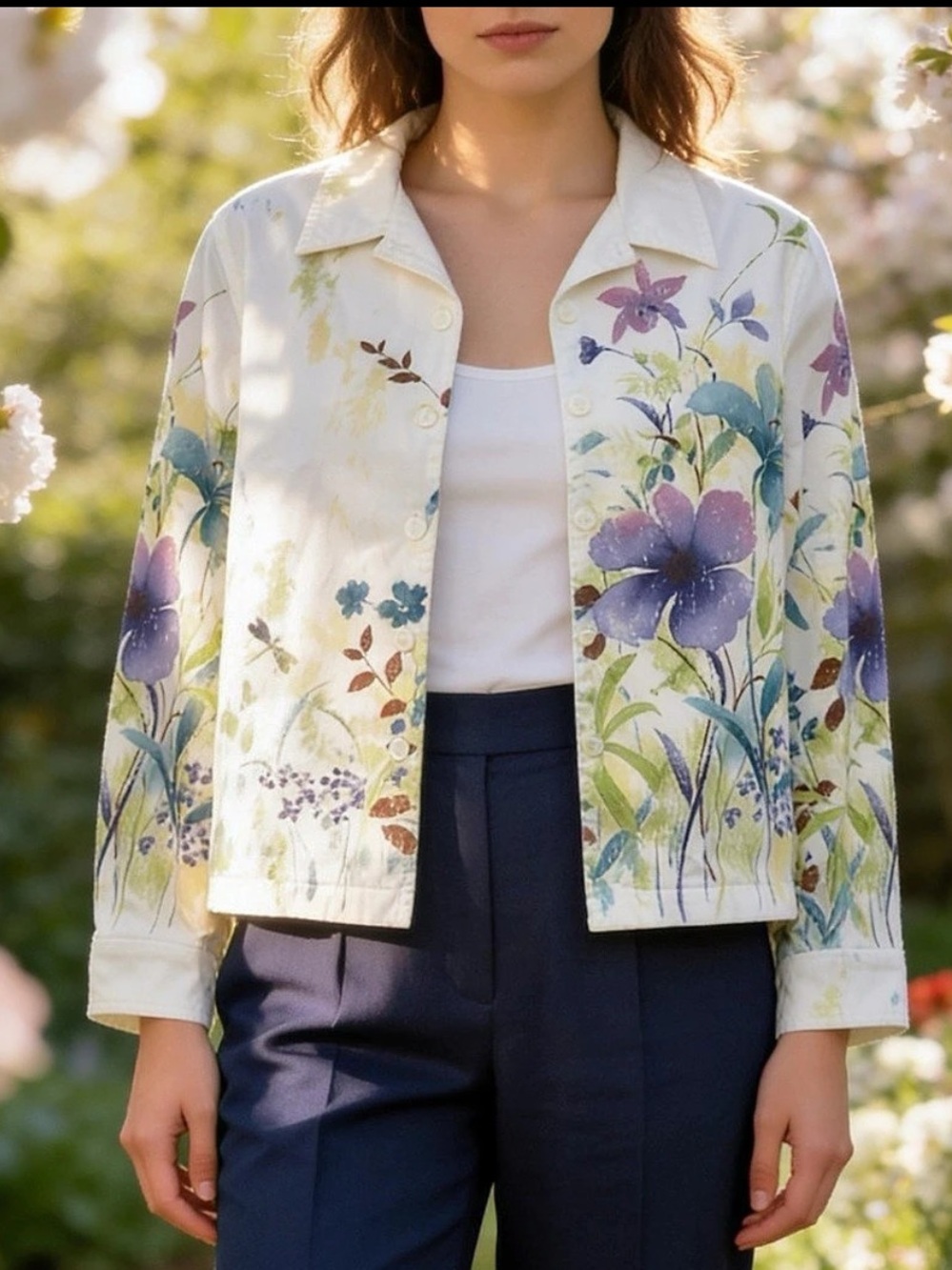 Alfred Dunner Floral Print Cotton Twill Button Front Jacket White Multicolor 8P